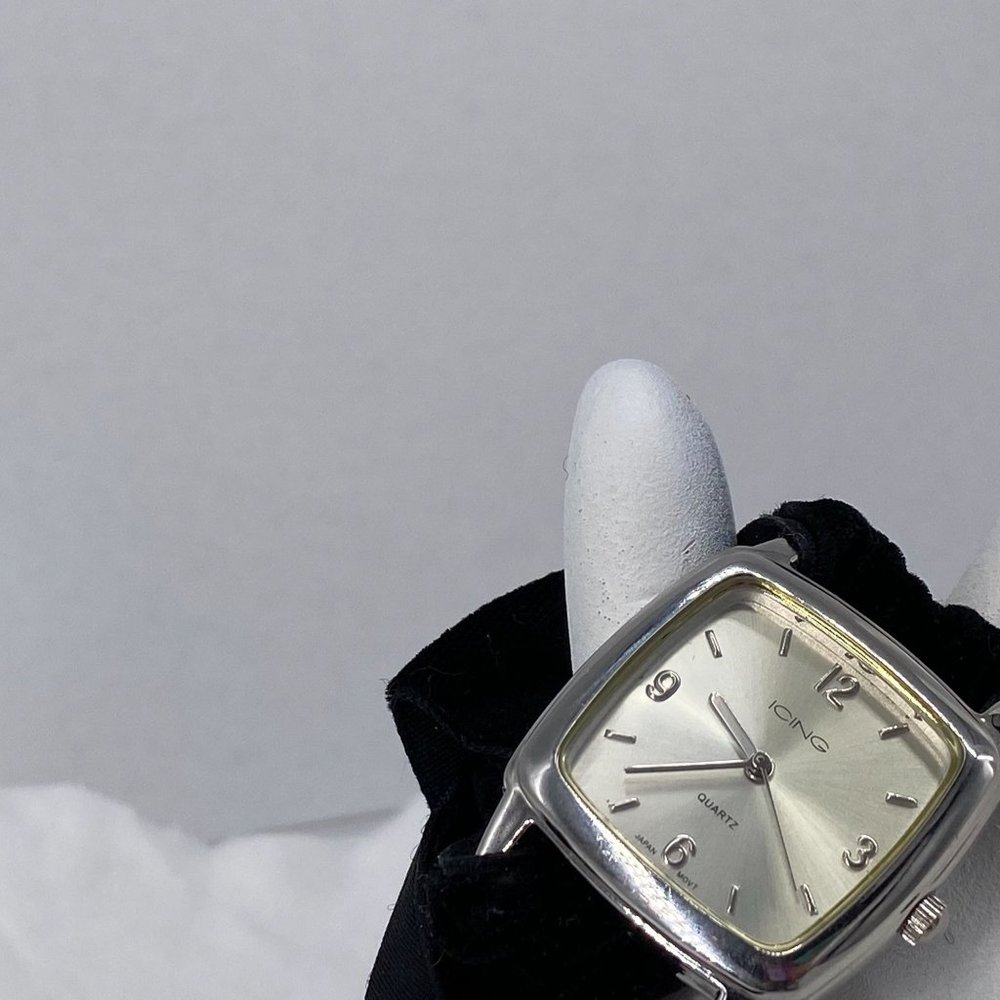 Icing Watch Square Face Silvertoned Bezel Stainless Steel Snap Back Velvet Ribbo